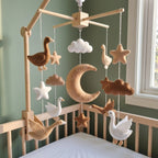 Flying Geese Felt Baby Mobile, Handmade Moon and Stars Crib Hanging, Neutral Bird Nursery Decor