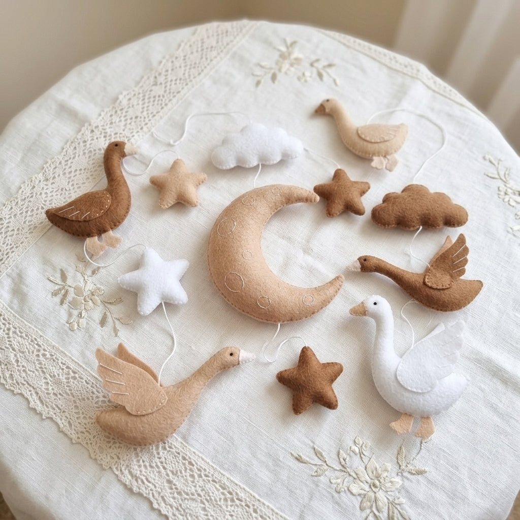 Flying Geese Felt Baby Mobile, Handmade Moon and Stars Crib Hanging, Neutral Bird Nursery Decor