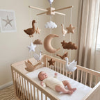 Flying Geese Felt Baby Mobile, Handmade Moon and Stars Crib Hanging, Neutral Bird Nursery Decor