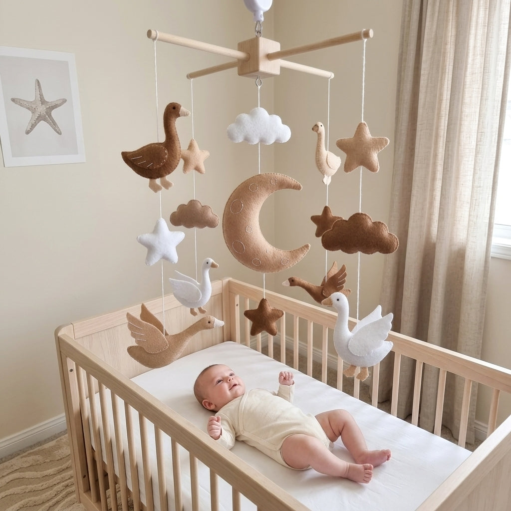 Flying Geese Felt Baby Mobile, Handmade Moon and Stars Crib Hanging, Neutral Bird Nursery Decor