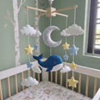 Sleepy Whale Celestial Felt Baby Mobile, Handmade Ocean Sky Crib Hanging with Moon, Stars and Clouds