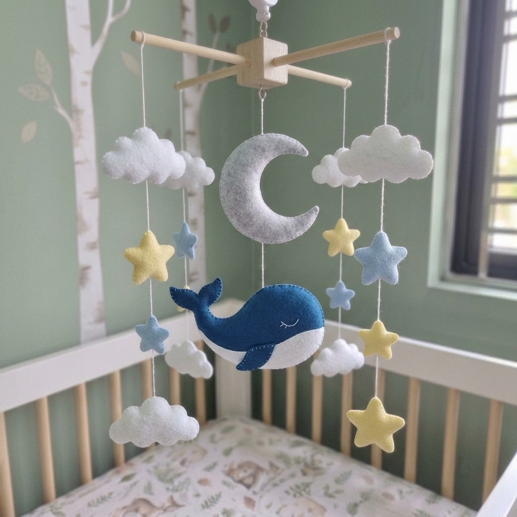 Sleepy Whale Celestial Felt Baby Mobile, Handmade Ocean Sky Crib Hanging with Moon, Stars and Clouds