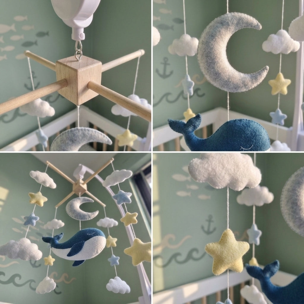 Sleepy Whale Celestial Felt Baby Mobile, Handmade Ocean Sky Crib Hanging with Moon, Stars and Clouds