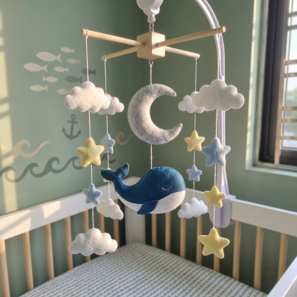 Sleepy Whale Celestial Felt Baby Mobile, Handmade Ocean Sky Crib Hanging with Moon, Stars and Clouds