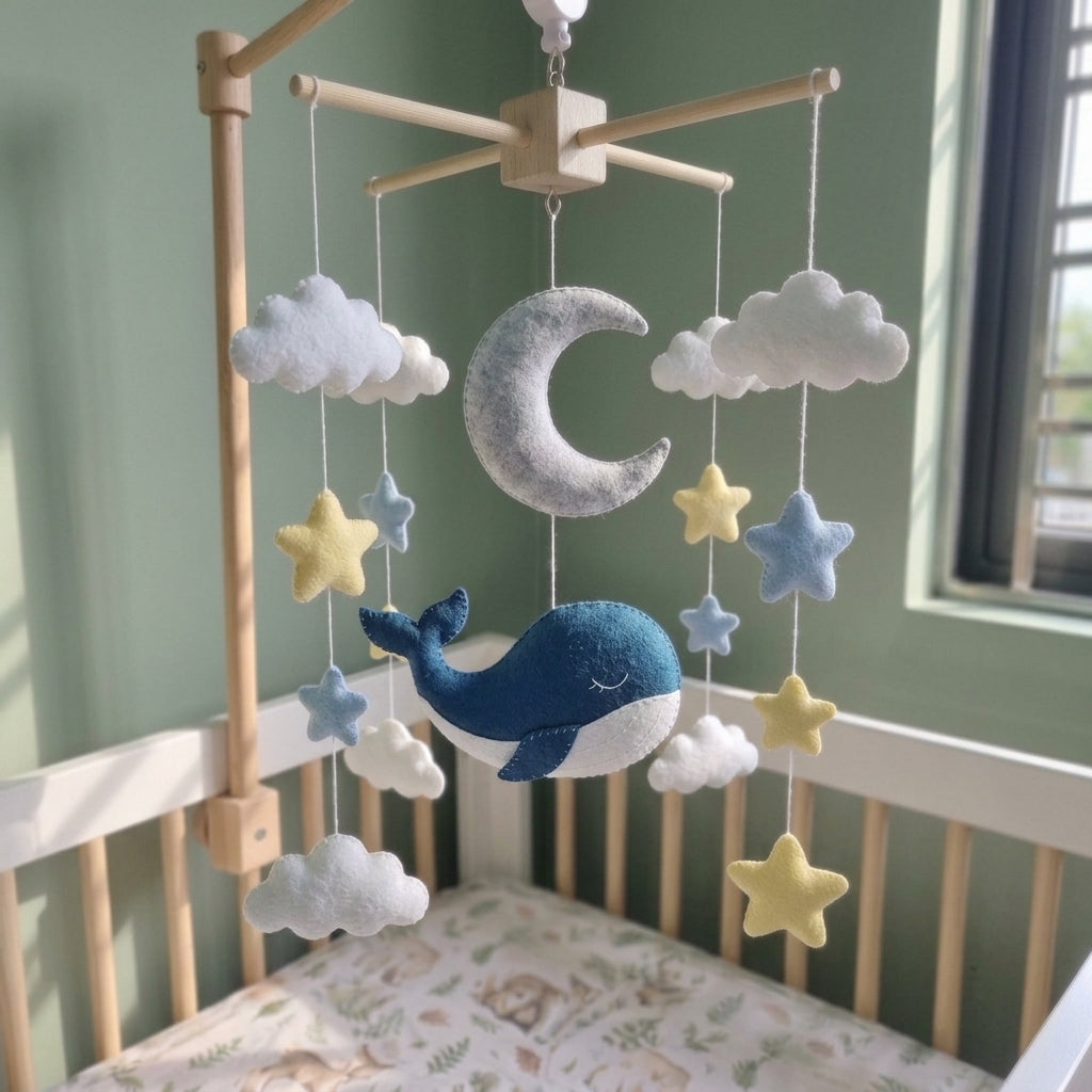 Sleepy Whale Celestial Felt Baby Mobile, Handmade Ocean Sky Crib Hanging with Moon, Stars and Clouds