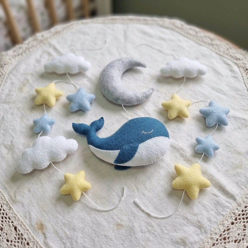 Sleepy Whale Celestial Felt Baby Mobile, Handmade Ocean Sky Crib Hanging with Moon, Stars and Clouds