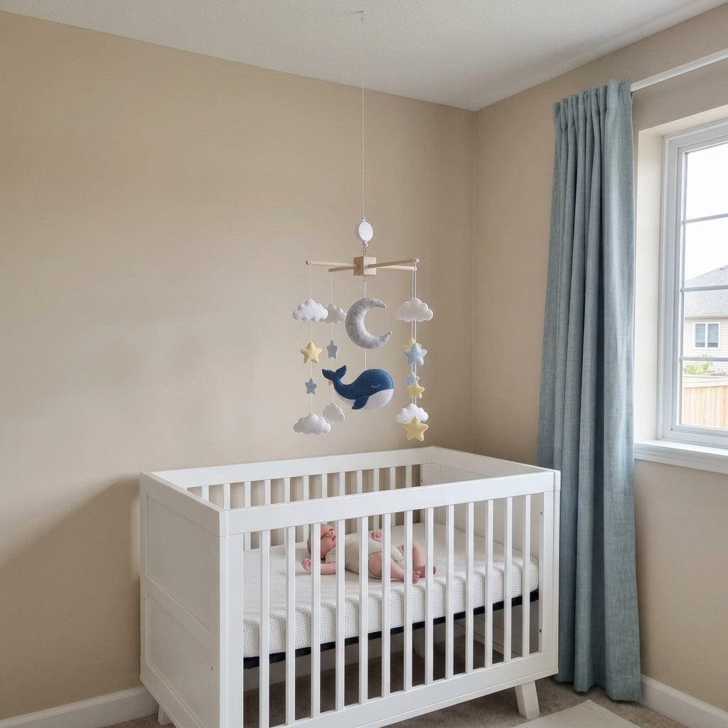 Sleepy Whale Celestial Felt Baby Mobile, Handmade Ocean Sky Crib Hanging with Moon, Stars and Clouds