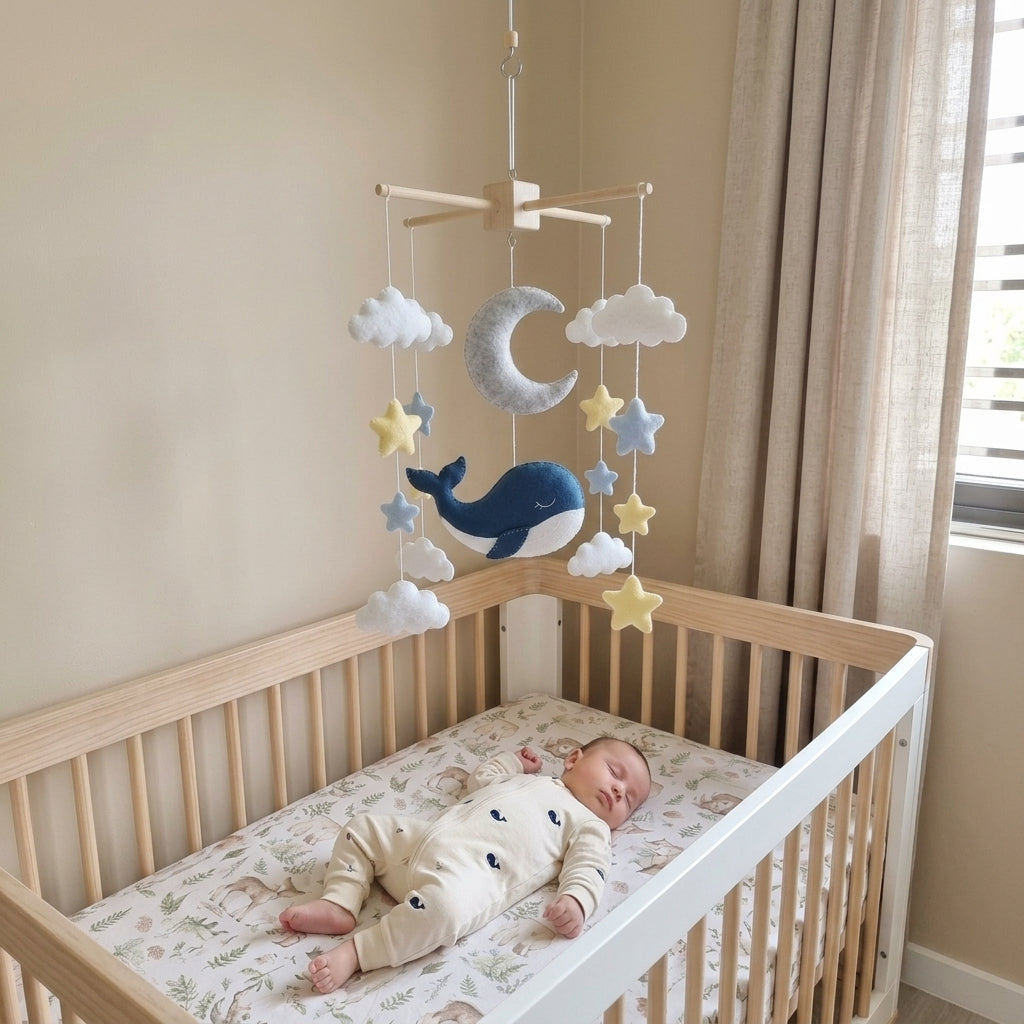 Sleepy Whale Celestial Felt Baby Mobile, Handmade Ocean Sky Crib Hanging with Moon, Stars and Clouds