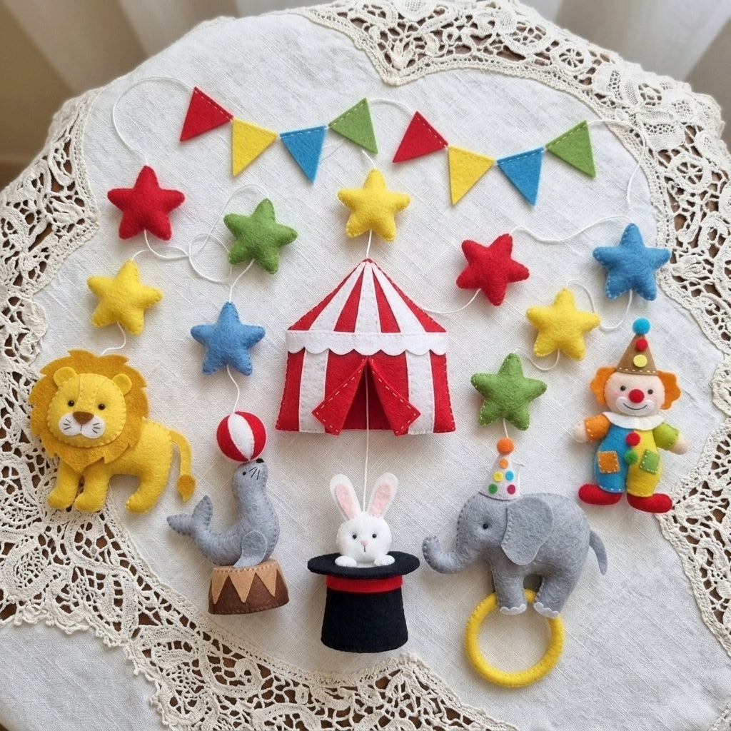 Circus Felt Baby Mobile, Handmade Carnival Crib Hanging with Lion, Elephant, Clown and Magic Hat