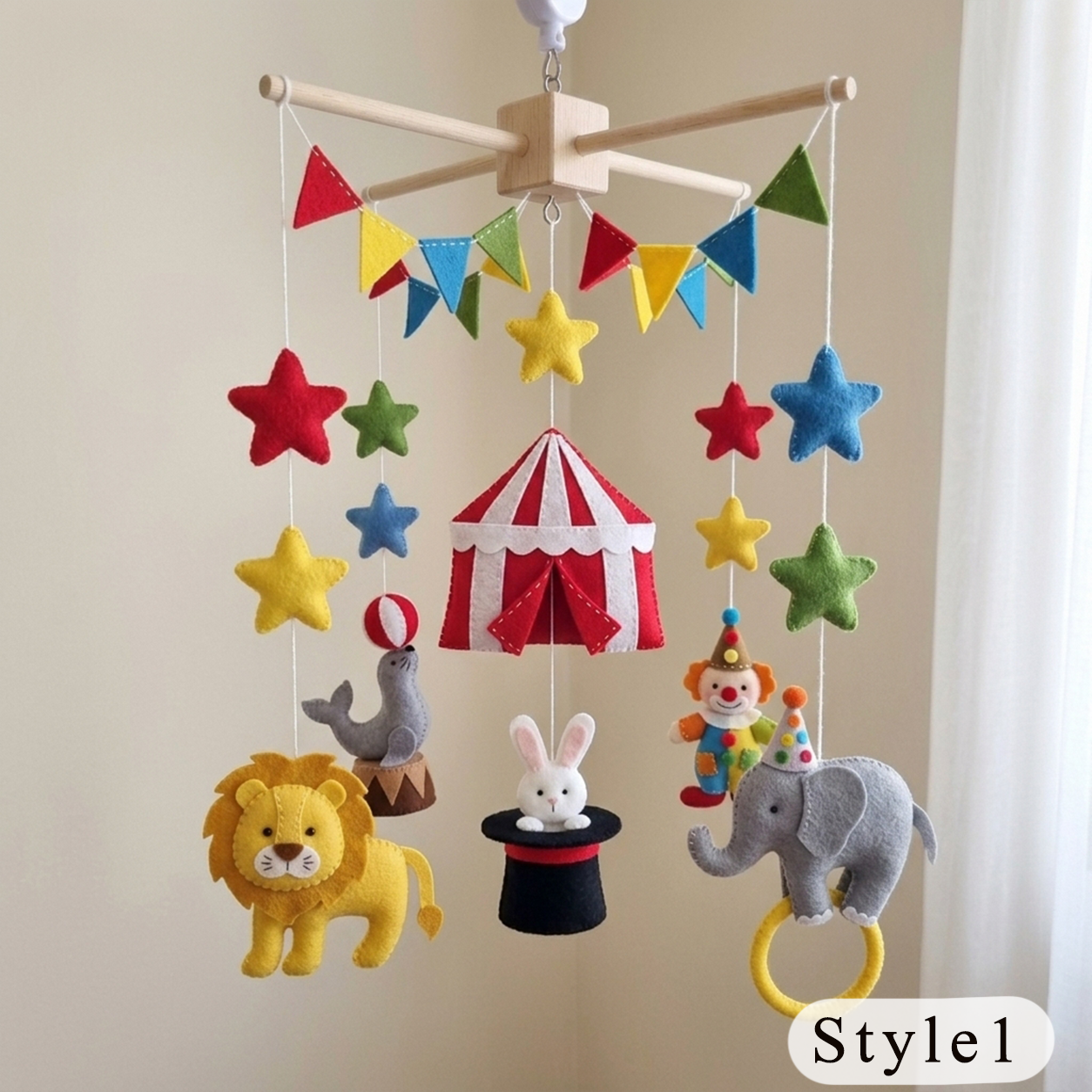 Circus Felt Baby Mobile, Handmade Carnival Crib Hanging with Lion, Elephant, Clown and Magic Hat