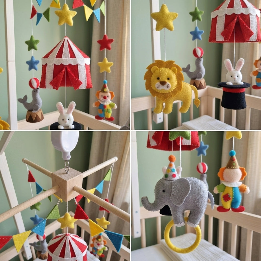 Circus Felt Baby Mobile, Handmade Carnival Crib Hanging with Lion, Elephant, Clown and Magic Hat