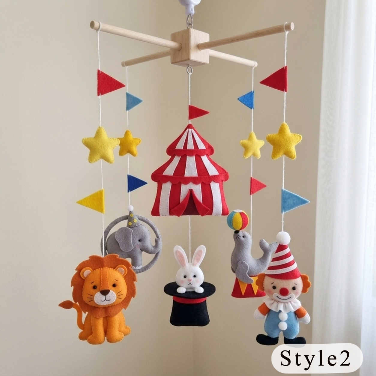 Circus Felt Baby Mobile, Handmade Carnival Crib Hanging with Lion, Elephant, Clown and Magic Hat