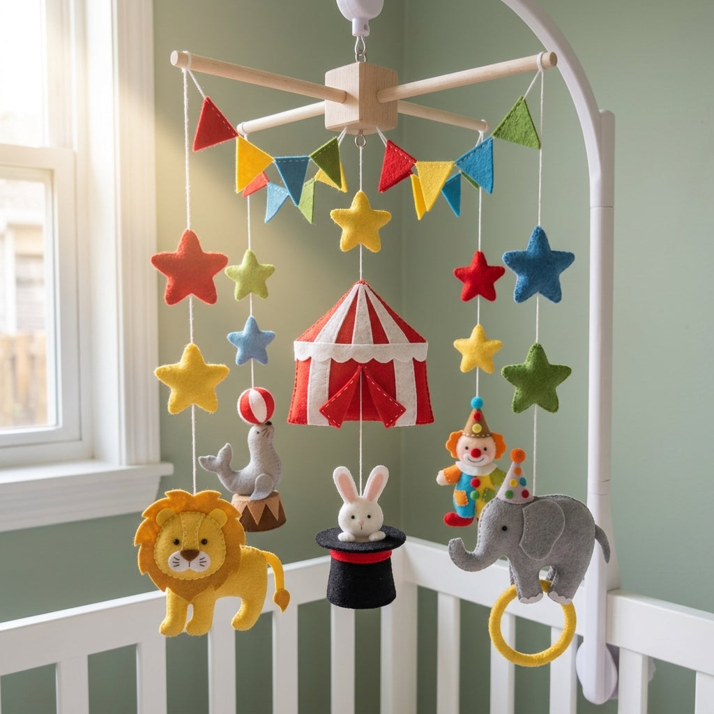 Circus Felt Baby Mobile, Handmade Carnival Crib Hanging with Lion, Elephant, Clown and Magic Hat