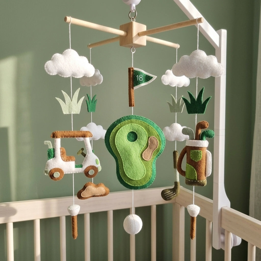 Little Golfer Felt Baby Mobile, Handmade Golf Nursery Crib Hanging with Cart, Clubs, Putting Green and Flag