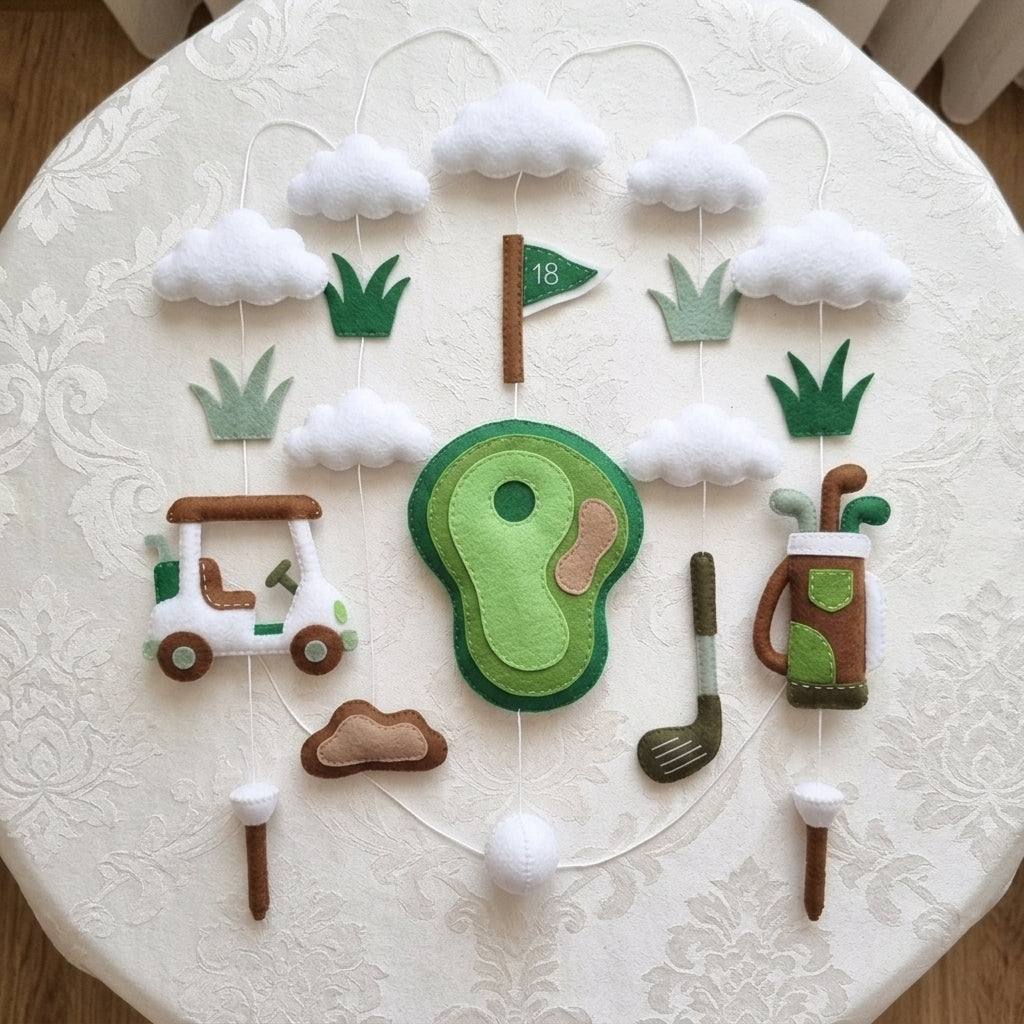 Little Golfer Felt Baby Mobile, Handmade Golf Nursery Crib Hanging with Cart, Clubs, Putting Green and Flag