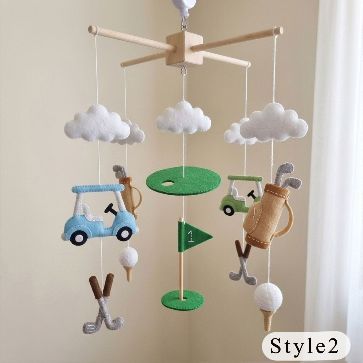 Little Golfer Felt Baby Mobile, Handmade Golf Nursery Crib Hanging with Cart, Clubs, Putting Green and Flag