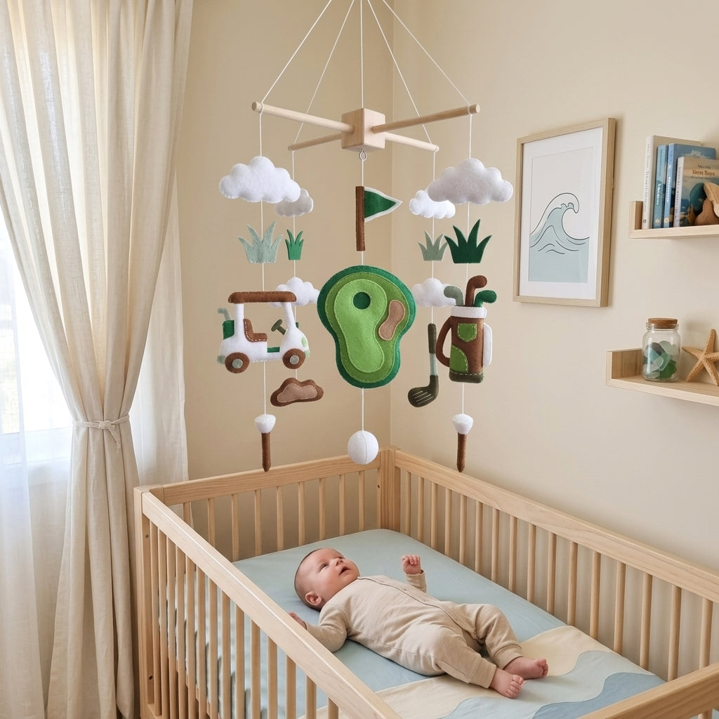 Little Golfer Felt Baby Mobile, Handmade Golf Nursery Crib Hanging with Cart, Clubs, Putting Green and Flag