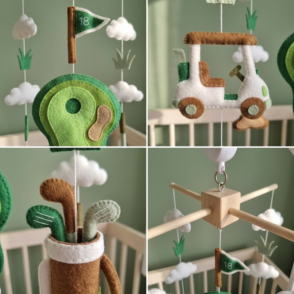 Little Golfer Felt Baby Mobile, Handmade Golf Nursery Crib Hanging with Cart, Clubs, Putting Green and Flag