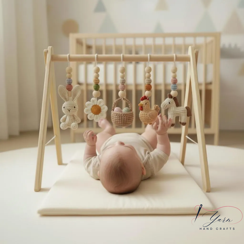 Handmade Custom Farm Baby Gym | Personalized Wooden Play Gym with Crochet Country Theme Toys | Rustic Nursery Decor