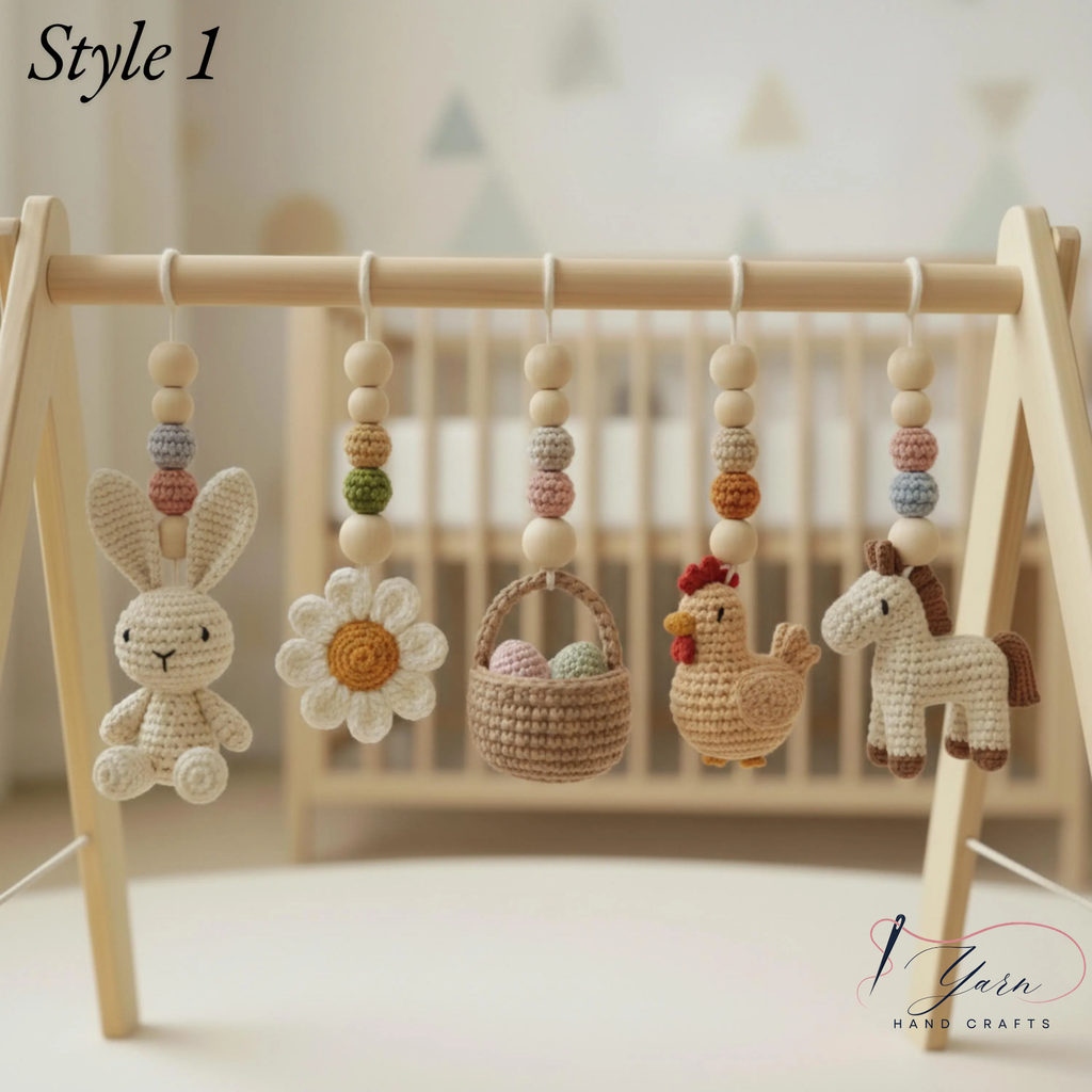 Handmade Custom Farm Baby Gym | Personalized Wooden Play Gym with Crochet Country Theme Toys | Rustic Nursery Decor