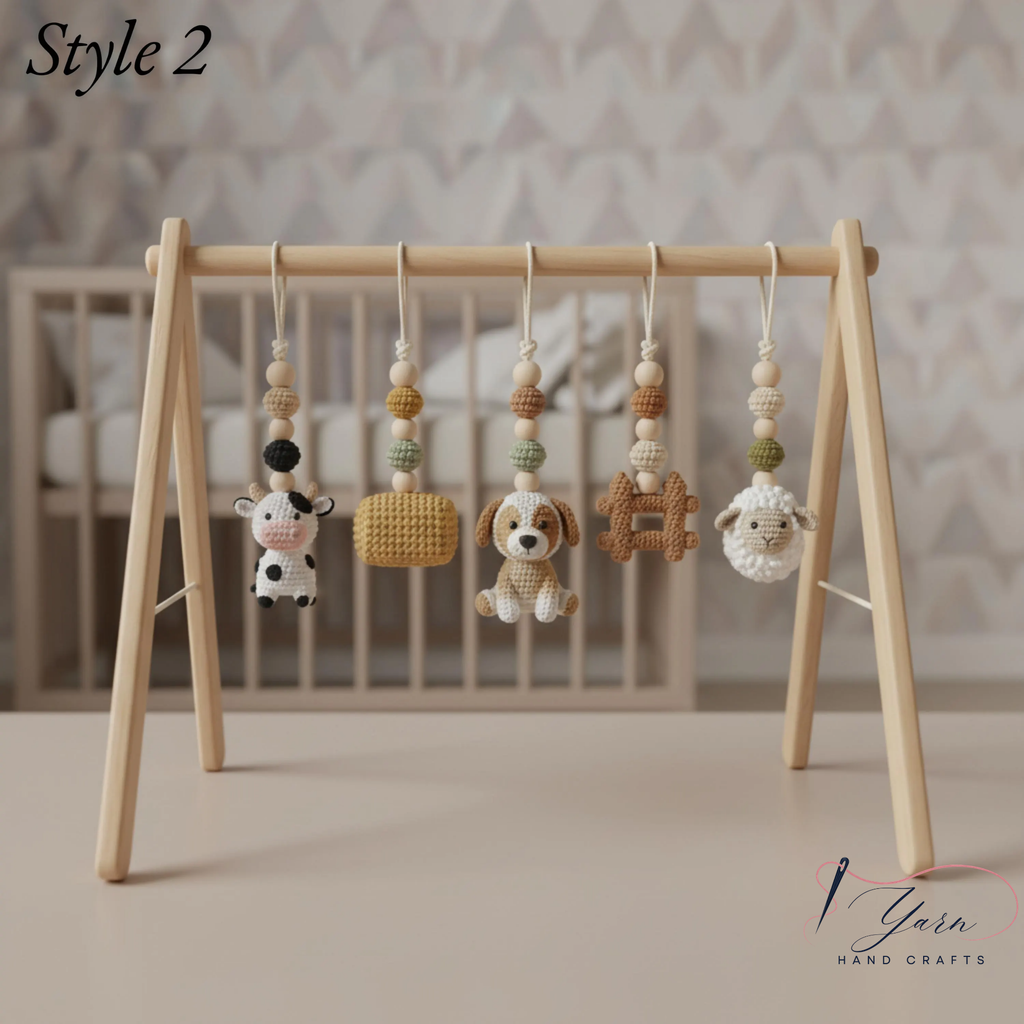 Handmade Custom Farm Baby Gym | Personalized Wooden Play Gym with Crochet Country Theme Toys | Rustic Nursery Decor