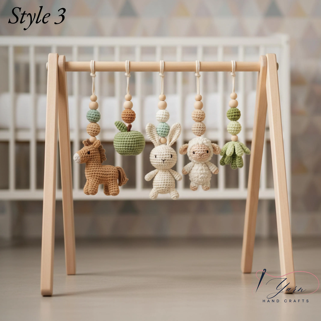 Handmade Custom Farm Baby Gym | Personalized Wooden Play Gym with Crochet Country Theme Toys | Rustic Nursery Decor