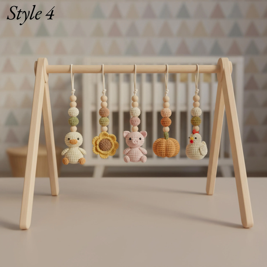 Handmade Custom Farm Baby Gym | Personalized Wooden Play Gym with Crochet Country Theme Toys | Rustic Nursery Decor