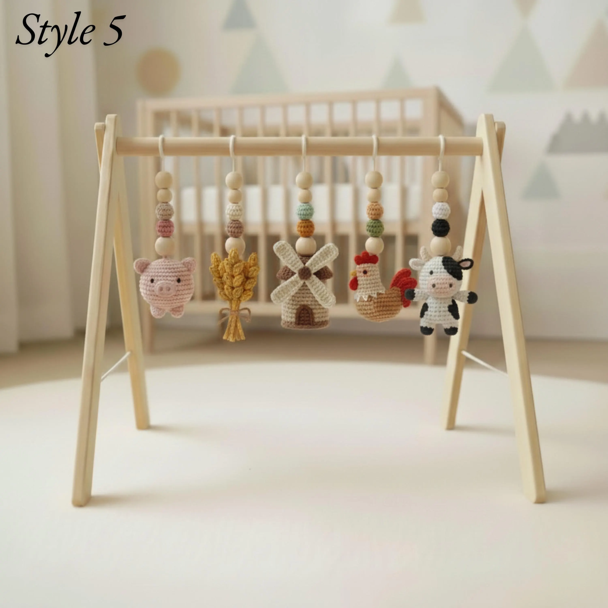Handmade Custom Farm Baby Gym | Personalized Wooden Play Gym with Crochet Country Theme Toys | Rustic Nursery Decor