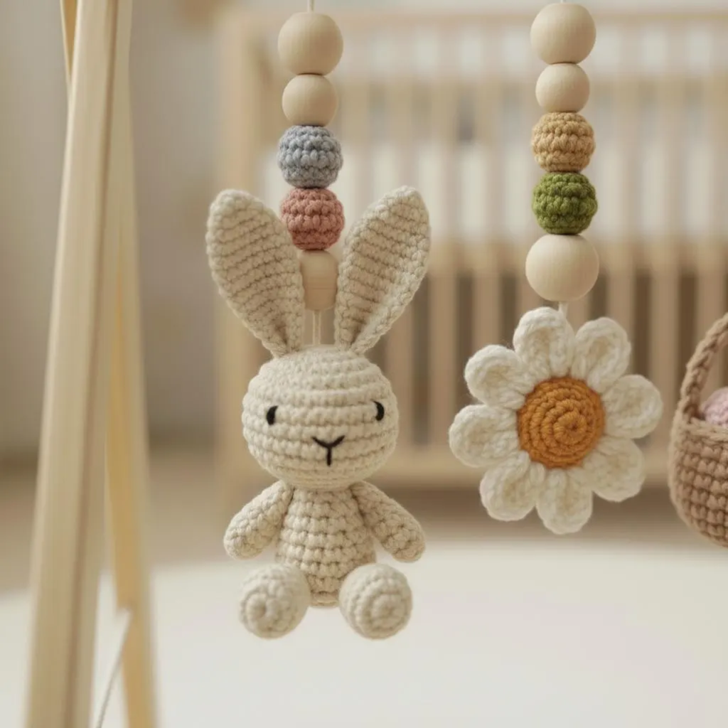 Handmade Custom Farm Baby Gym | Personalized Wooden Play Gym with Crochet Country Theme Toys | Rustic Nursery Decor