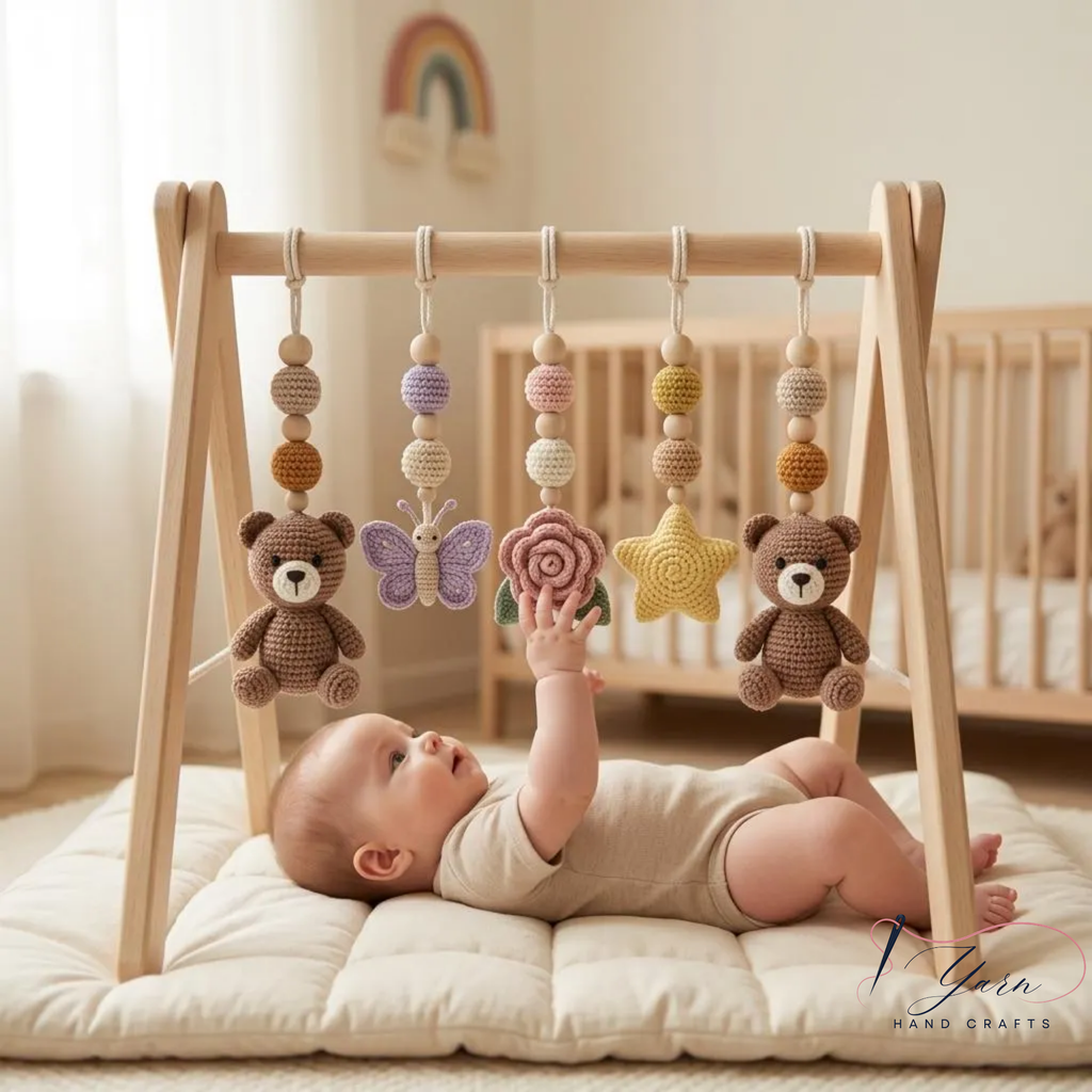 Handmade Crochet Teddy Bear Baby Play Gym | Wooden Montessori Activity Gym | Neutral Nursery Decor | Custom Baby Shower Gift | Pastel Baby Toys