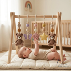 Handmade Crochet Teddy Bear Baby Play Gym | Wooden Montessori Activity Gym | Neutral Nursery Decor | Custom Baby Shower Gift | Pastel Baby Toys