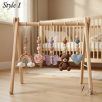 Handmade Crochet Teddy Bear Baby Play Gym | Wooden Montessori Activity Gym | Neutral Nursery Decor | Custom Baby Shower Gift | Pastel Baby Toys