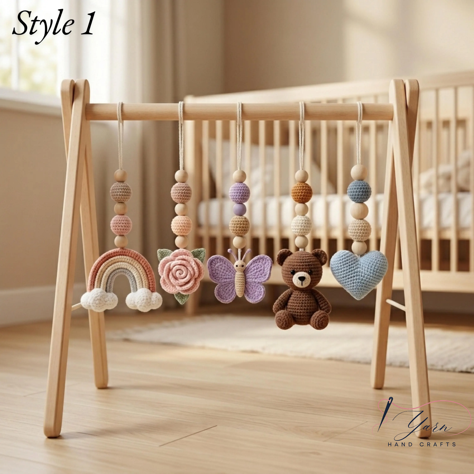 Handmade Crochet Teddy Bear Baby Play Gym | Wooden Montessori Activity Gym | Neutral Nursery Decor | Custom Baby Shower Gift | Pastel Baby Toys