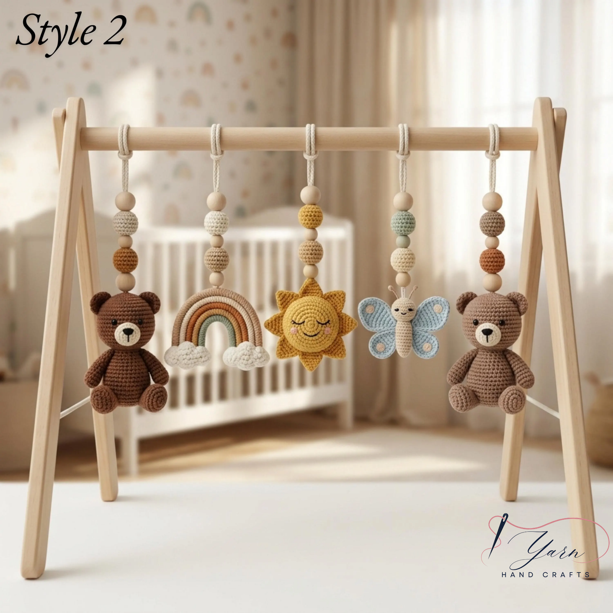 Handmade Crochet Teddy Bear Baby Play Gym | Wooden Montessori Activity Gym | Neutral Nursery Decor | Custom Baby Shower Gift | Pastel Baby Toys