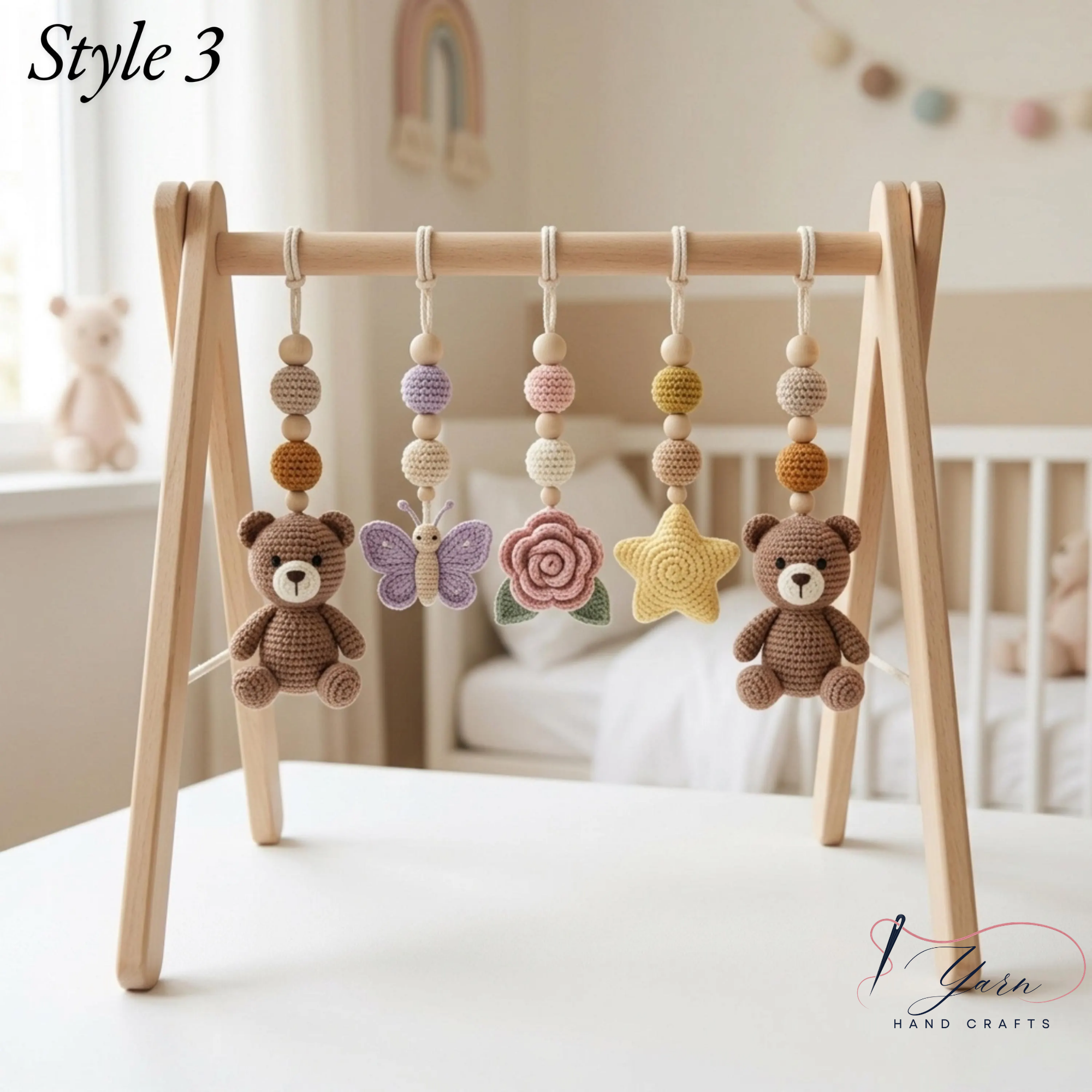 Handmade Crochet Teddy Bear Baby Play Gym | Wooden Montessori Activity Gym | Neutral Nursery Decor | Custom Baby Shower Gift | Pastel Baby Toys