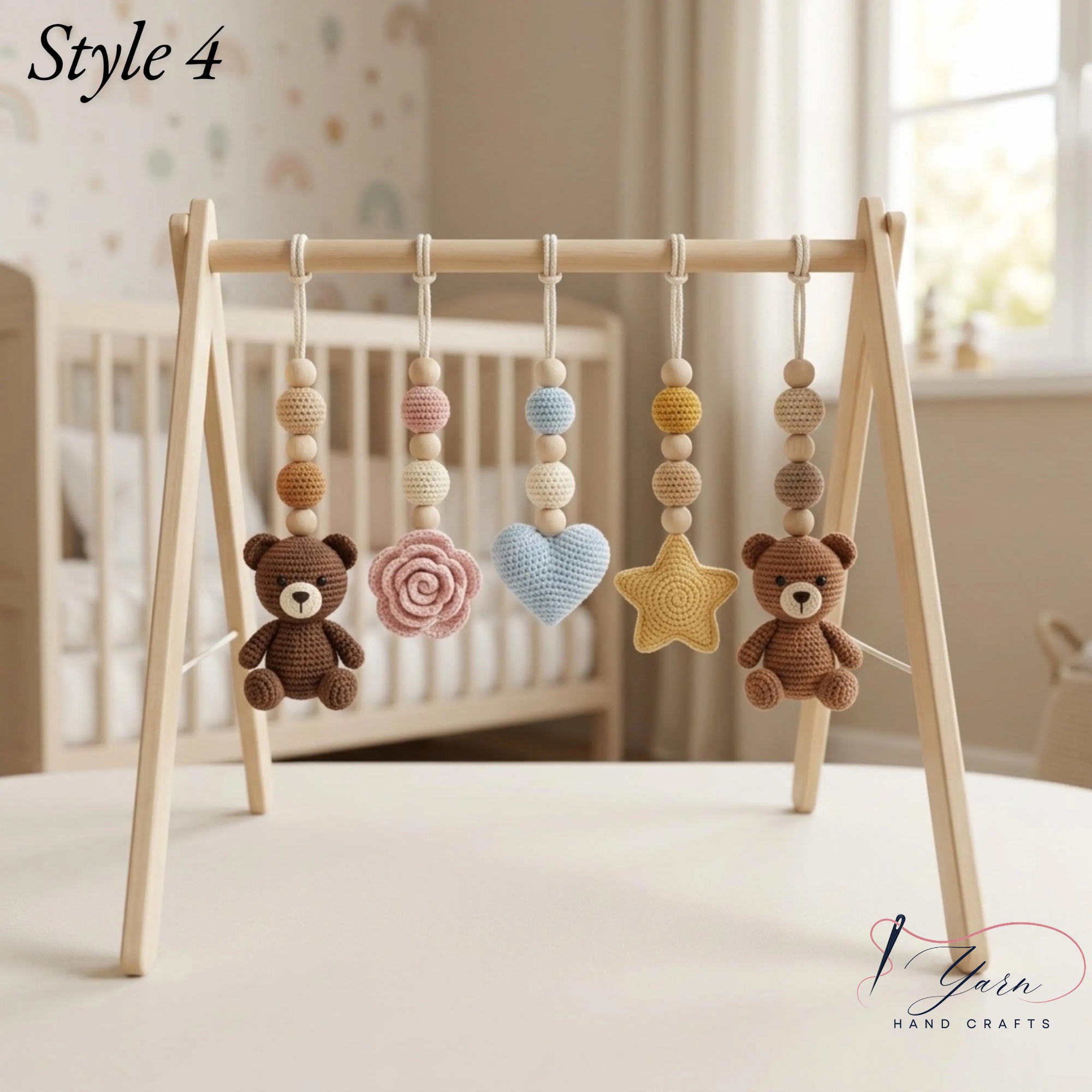 Handmade Crochet Teddy Bear Baby Play Gym | Wooden Montessori Activity Gym | Neutral Nursery Decor | Custom Baby Shower Gift | Pastel Baby Toys