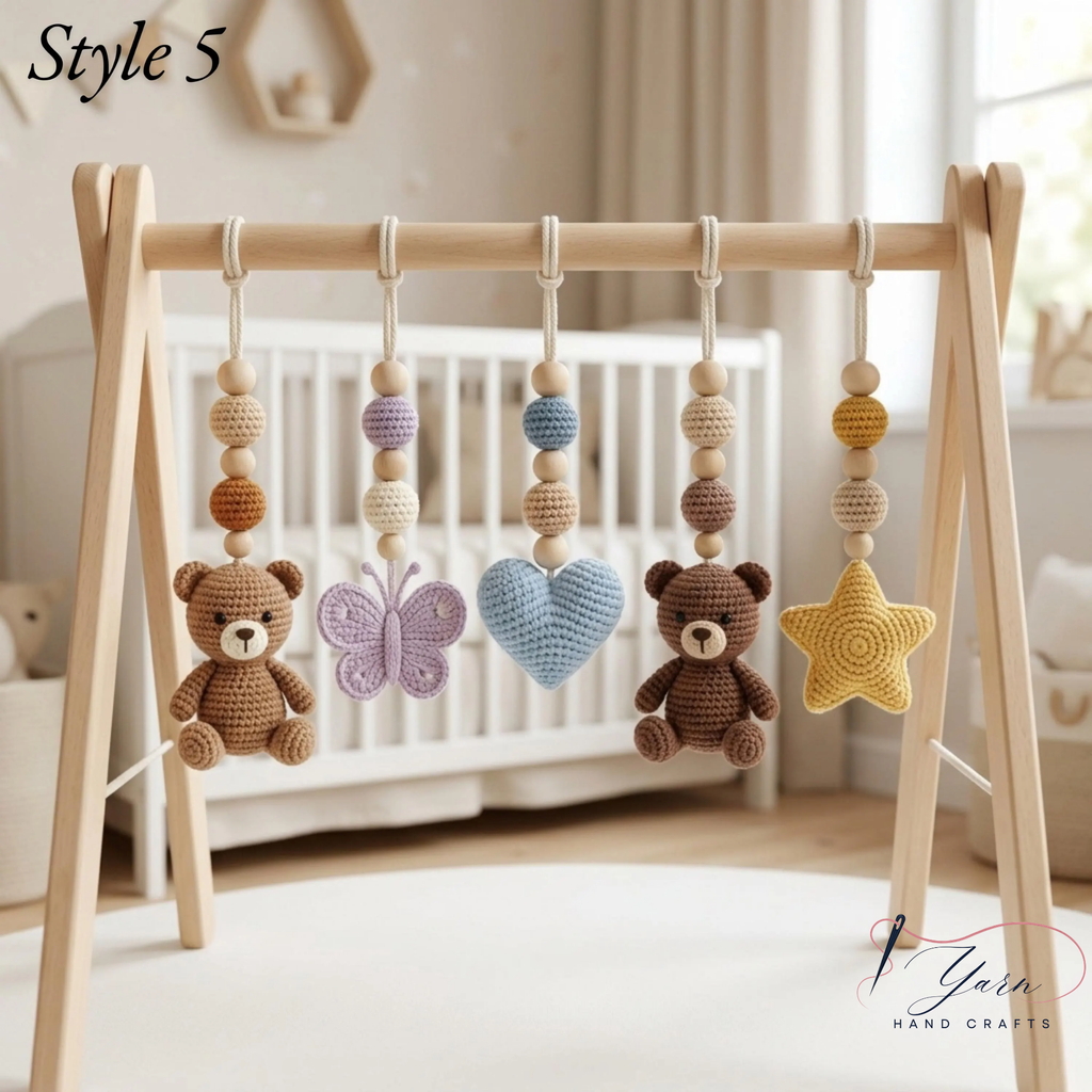 Handmade Crochet Teddy Bear Baby Play Gym | Wooden Montessori Activity Gym | Neutral Nursery Decor | Custom Baby Shower Gift | Pastel Baby Toys