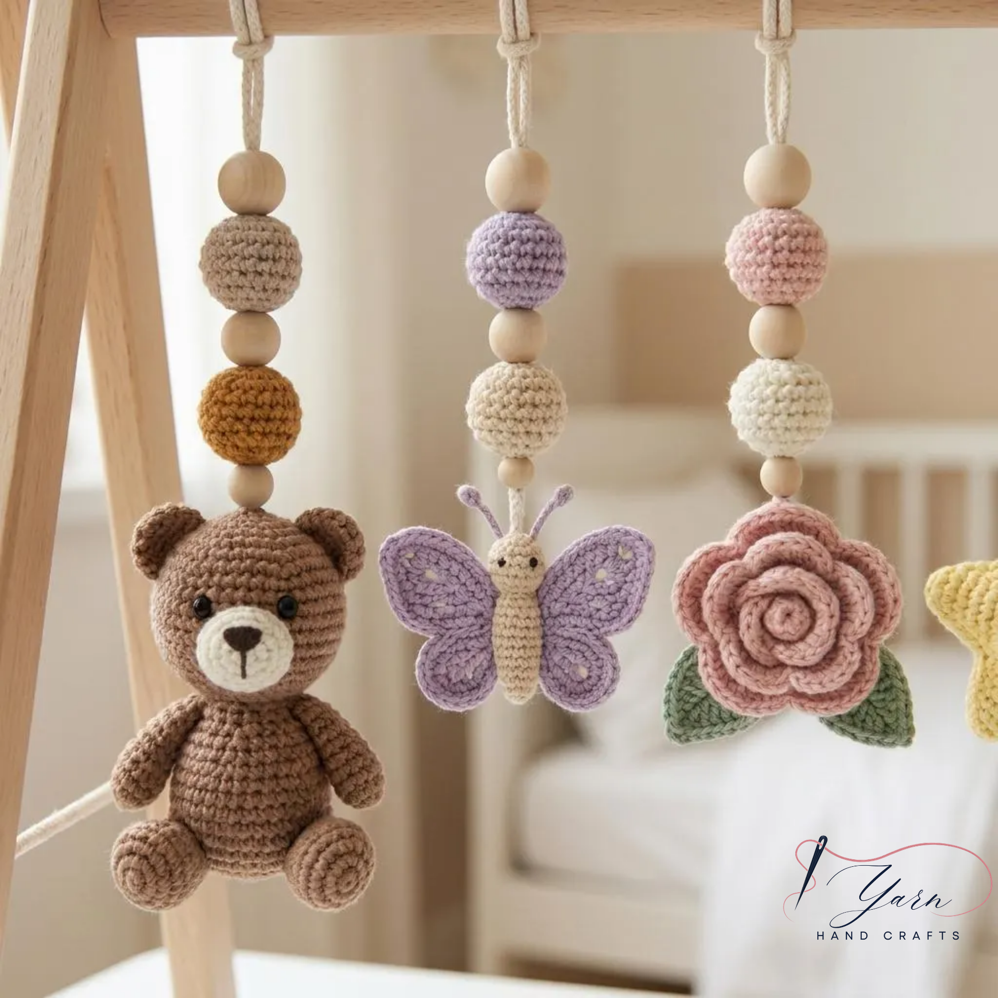 Handmade Crochet Teddy Bear Baby Play Gym | Wooden Montessori Activity Gym | Neutral Nursery Decor | Custom Baby Shower Gift | Pastel Baby Toys