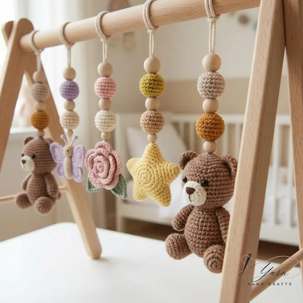 Handmade Crochet Teddy Bear Baby Play Gym | Wooden Montessori Activity Gym | Neutral Nursery Decor | Custom Baby Shower Gift | Pastel Baby Toys