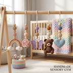 Handmade Crochet Teddy Bear Baby Play Gym | Wooden Montessori Activity Gym | Neutral Nursery Decor | Custom Baby Shower Gift | Pastel Baby Toys