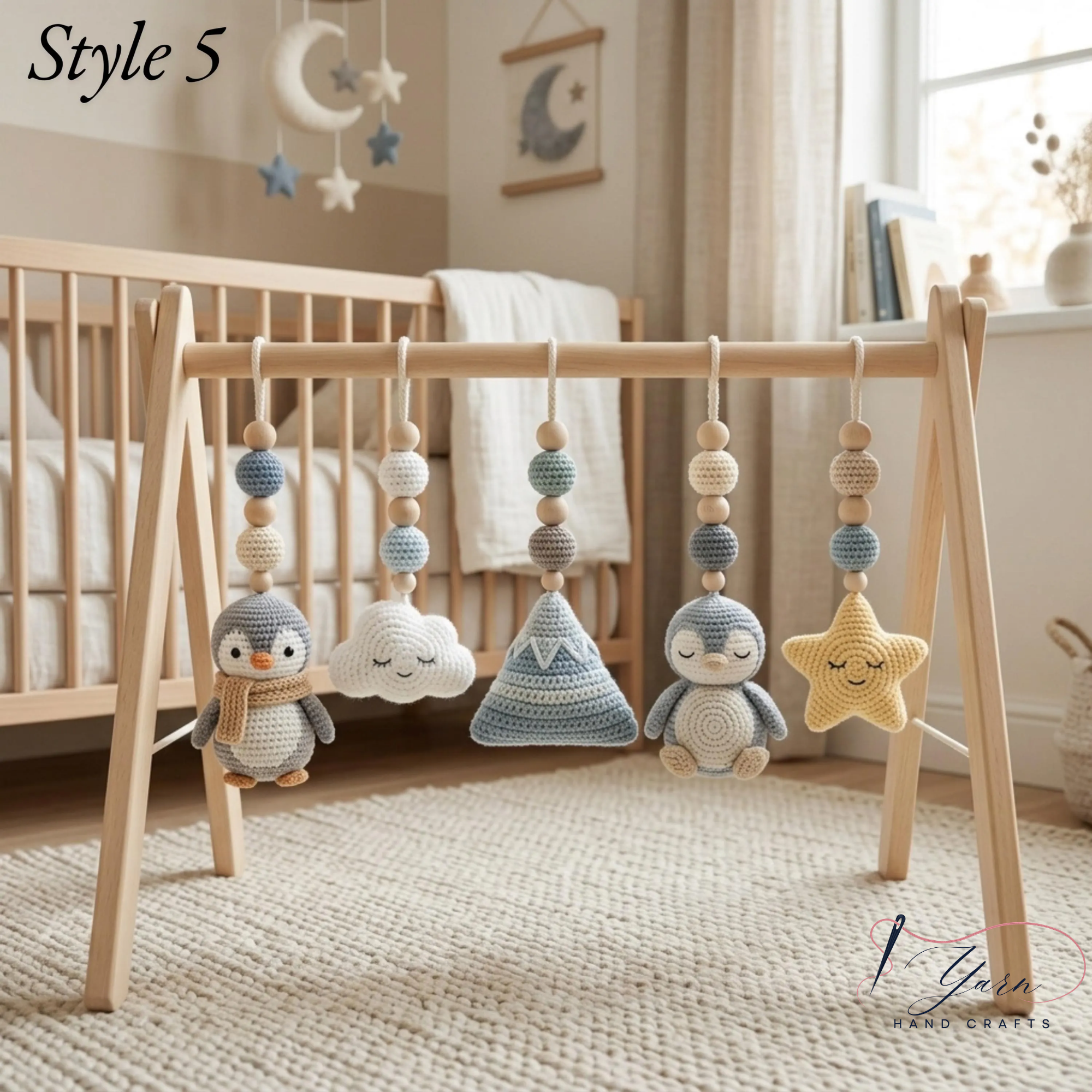 Handmade Custom Penguin Baby Play Gym, Crochet Penguin Baby Toys, Wooden Montessori Activity Gym, Neutral Nursery Decor, Baby Shower Gift