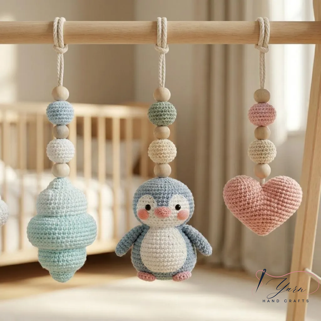 Handmade Custom Penguin Baby Play Gym, Crochet Penguin Baby Toys, Wooden Montessori Activity Gym, Neutral Nursery Decor, Baby Shower Gift