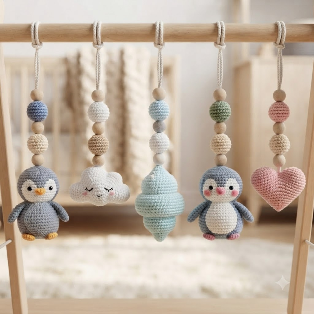 Handmade Custom Penguin Baby Play Gym, Crochet Penguin Baby Toys, Wooden Montessori Activity Gym, Neutral Nursery Decor, Baby Shower Gift