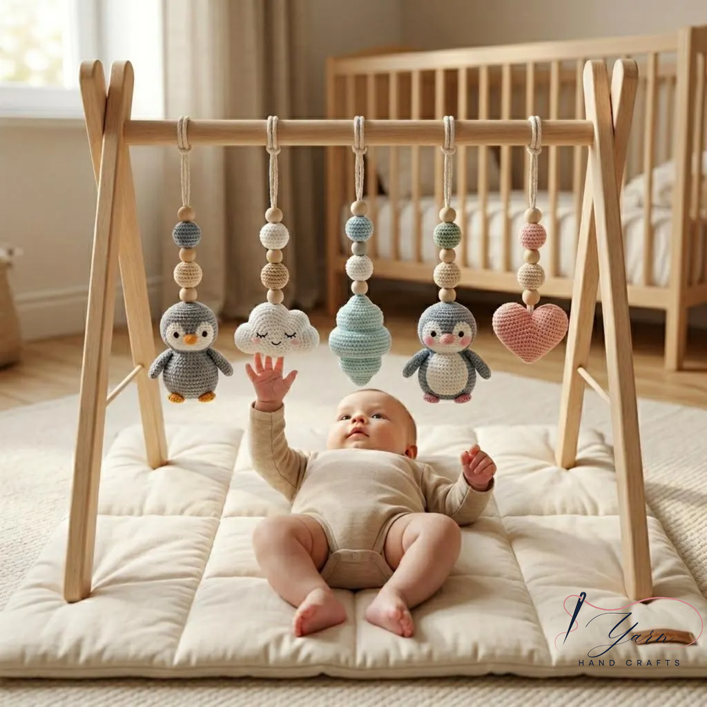 Handmade Custom Penguin Baby Play Gym, Crochet Penguin Baby Toys, Wooden Montessori Activity Gym, Neutral Nursery Decor, Baby Shower Gift