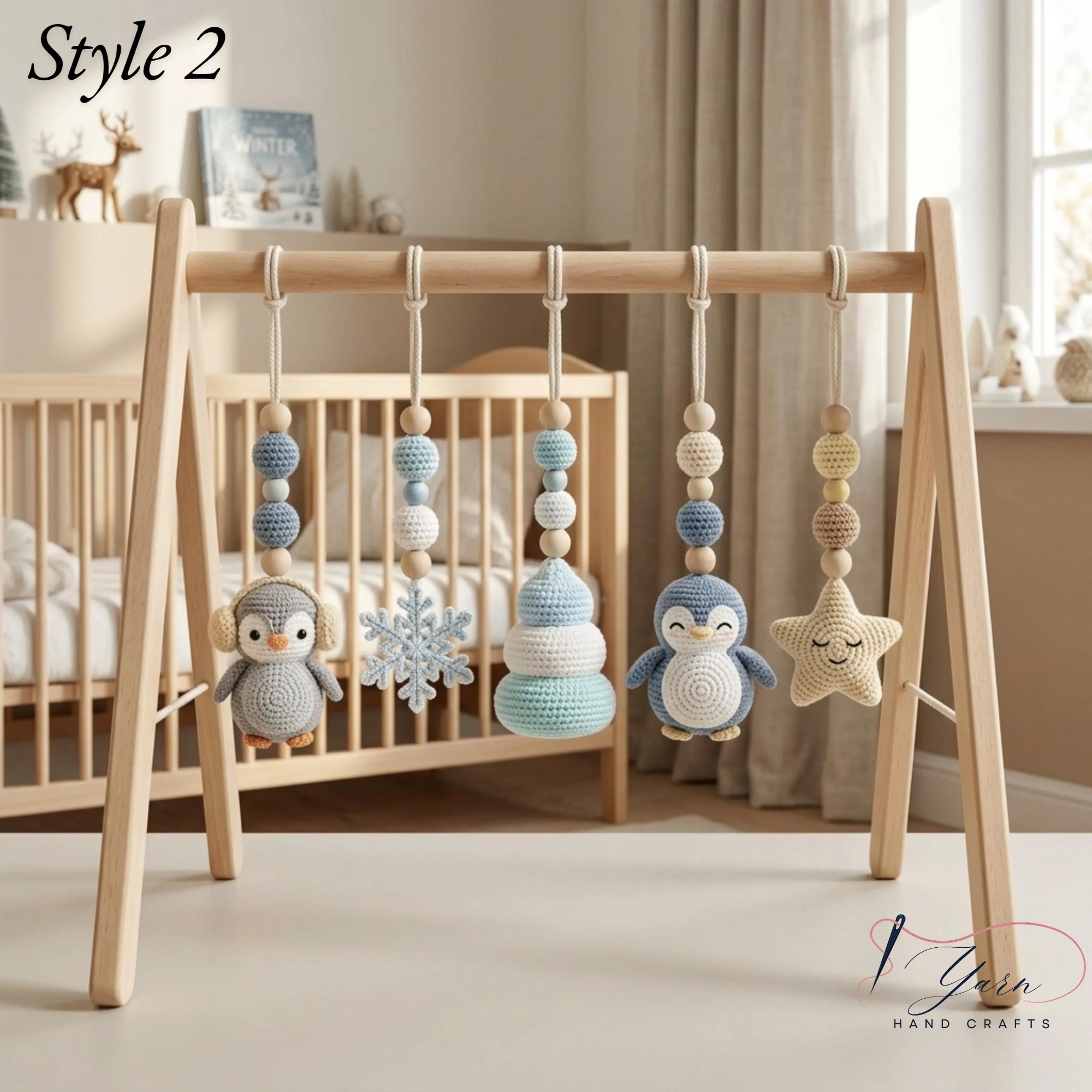 Handmade Custom Penguin Baby Play Gym, Crochet Penguin Baby Toys, Wooden Montessori Activity Gym, Neutral Nursery Decor, Baby Shower Gift