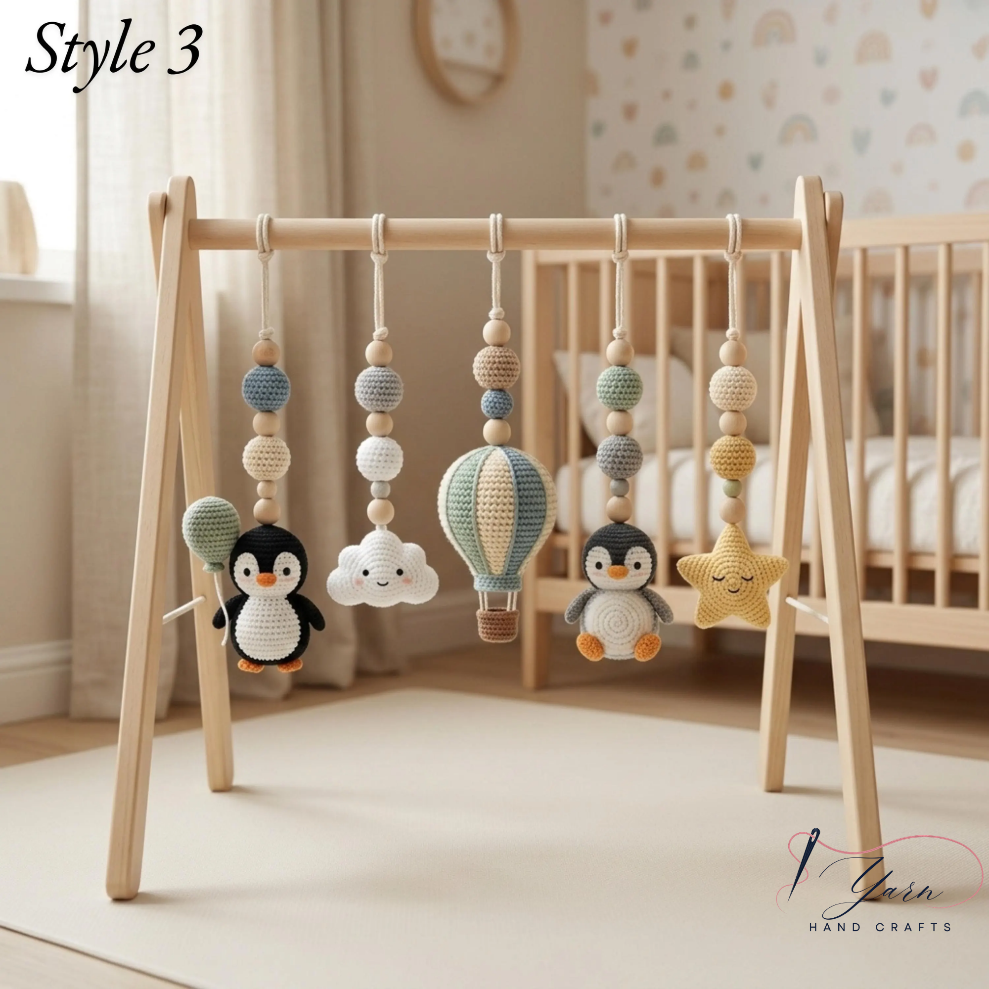 Handmade Custom Penguin Baby Play Gym, Crochet Penguin Baby Toys, Wooden Montessori Activity Gym, Neutral Nursery Decor, Baby Shower Gift