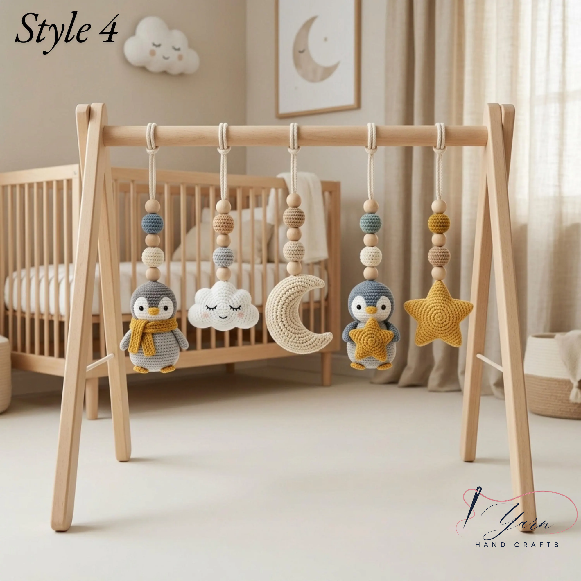 Handmade Custom Penguin Baby Play Gym, Crochet Penguin Baby Toys, Wooden Montessori Activity Gym, Neutral Nursery Decor, Baby Shower Gift