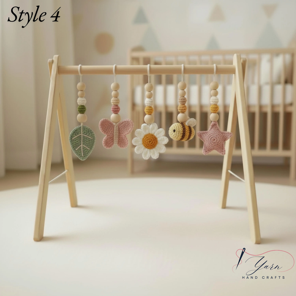 Garden Baby Gym Wooden Play Gym with Crochet Butterfly Bee Flower Cloud Leaf, Montessori Baby Activity Gym, Nature Nursery Decor, Baby Shower Gift