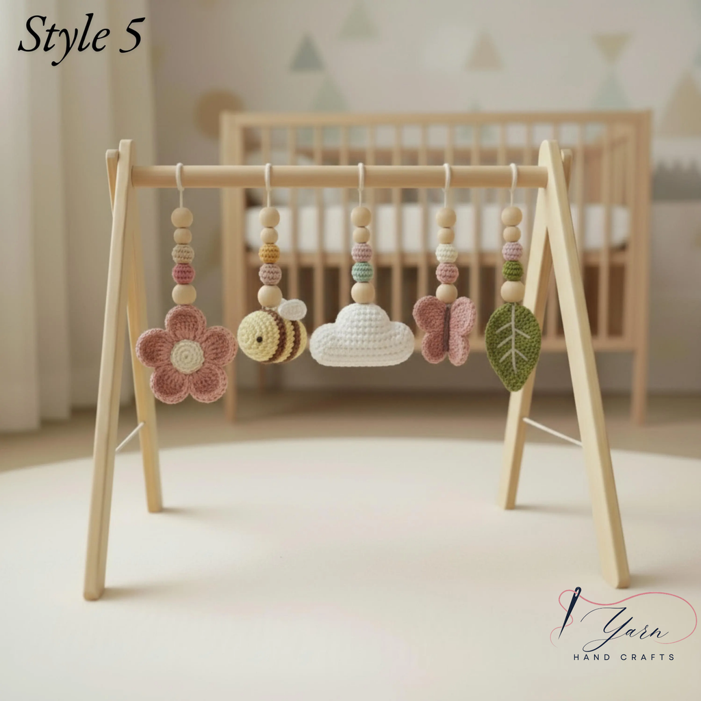 Garden Baby Gym Wooden Play Gym with Crochet Butterfly Bee Flower Cloud Leaf, Montessori Baby Activity Gym, Nature Nursery Decor, Baby Shower Gift