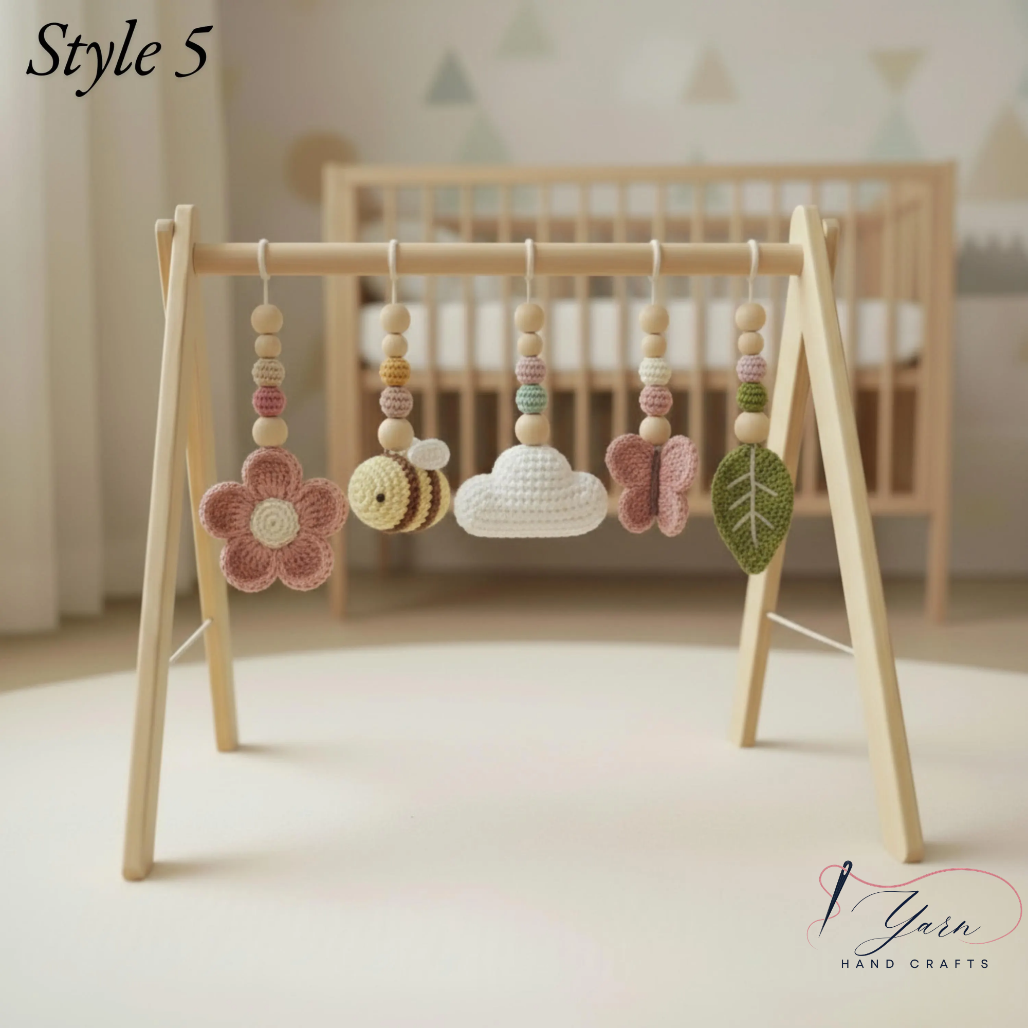 Garden Baby Gym Wooden Play Gym with Crochet Butterfly Bee Flower Cloud Leaf, Montessori Baby Activity Gym, Nature Nursery Decor, Baby Shower Gift